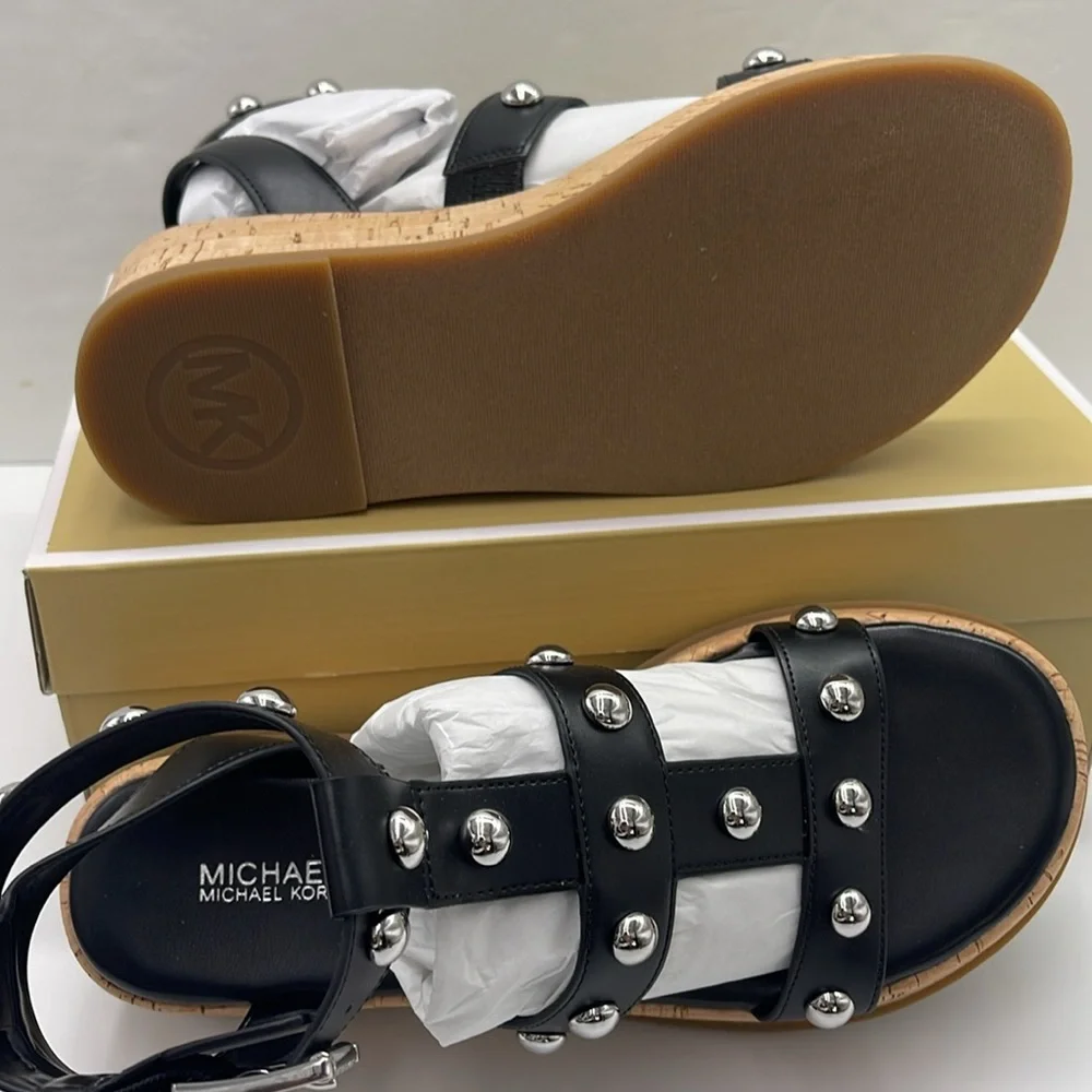 MICHAEL KORS Selah Studded Platform Gladiator Silver Studded Sandal Black  New